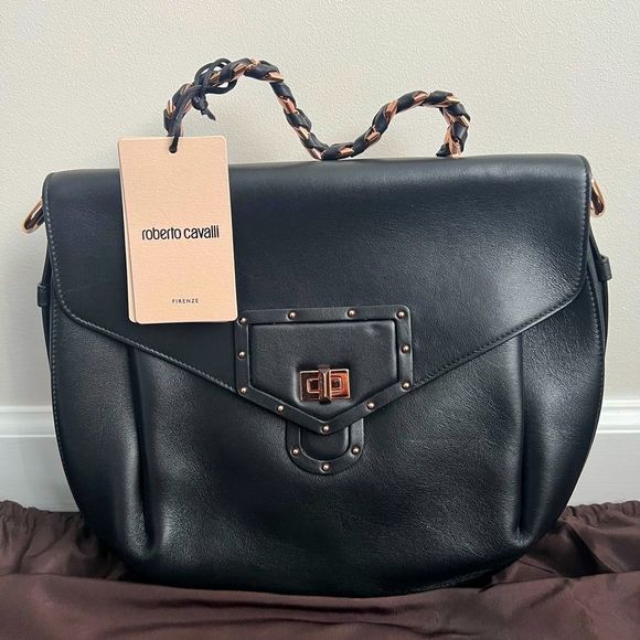 Roberto Cavalli Medium Black Leather Handbag NWT $1495 - Picture 2 of 14